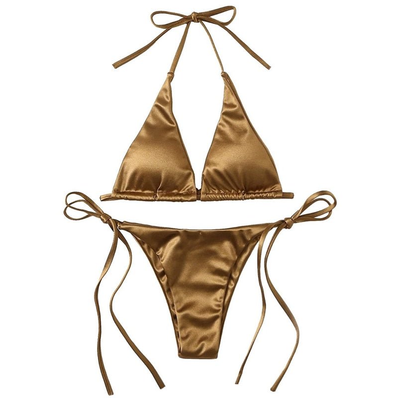 best Sexy Women's Metallic Halter Top Two Piece Swimsuit Tie Side Triangle Bikini Summer Solid Bathing Suit Beachwear Bikini Set 0 shop online at M2K Trends for