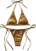 best Sexy Women's Metallic Halter Top Two Piece Swimsuit Tie Side Triangle Bikini Summer Solid Bathing Suit Beachwear Bikini Set 0 shop online at M2K Trends for
