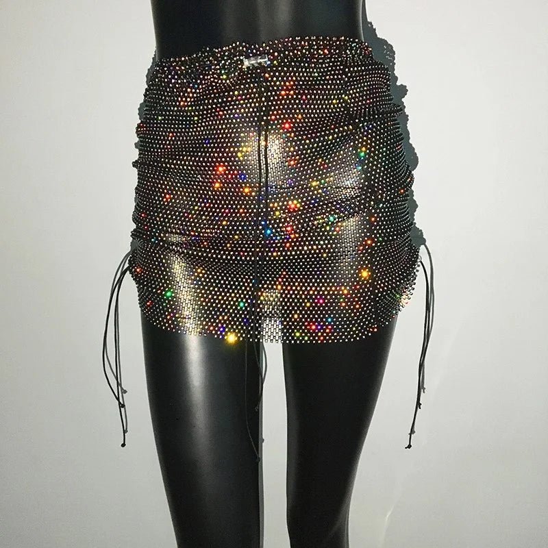 best Shiny Sexy Rhinestone Sequin Fishnet Mini Skirt Festival Drawstring Elastic See Through Diamond Mesh High Elastic Skirt Women shop online at M2K Trends for