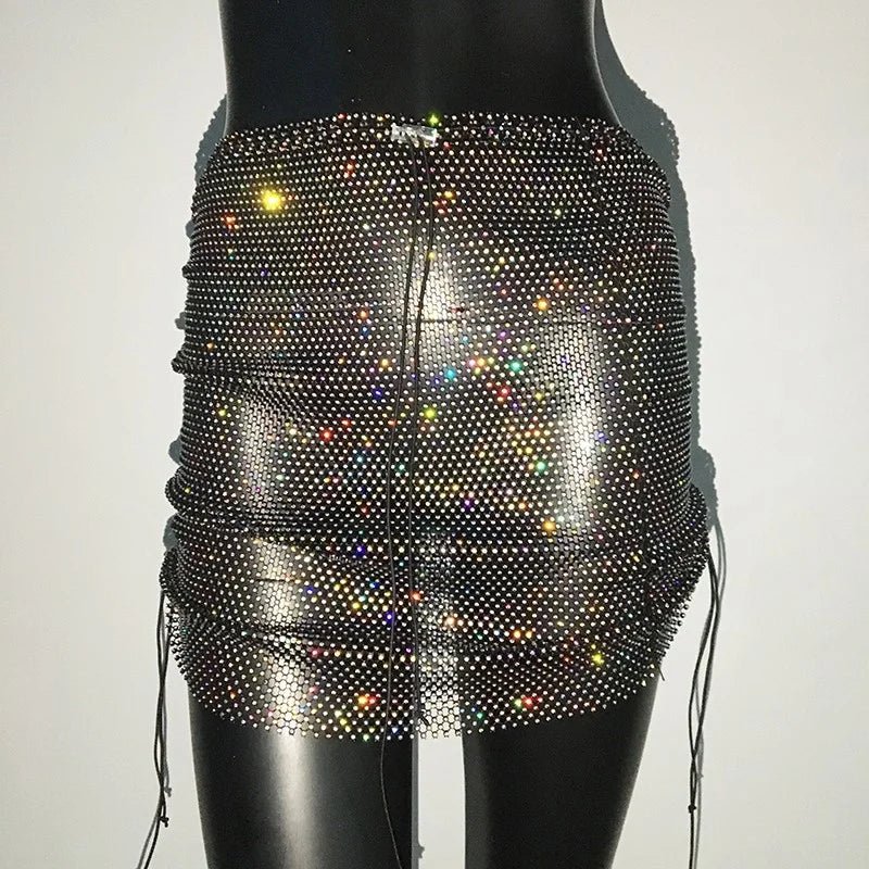 best Shiny Sexy Rhinestone Sequin Fishnet Mini Skirt Festival Drawstring Elastic See Through Diamond Mesh High Elastic Skirt Women shop online at M2K Trends for