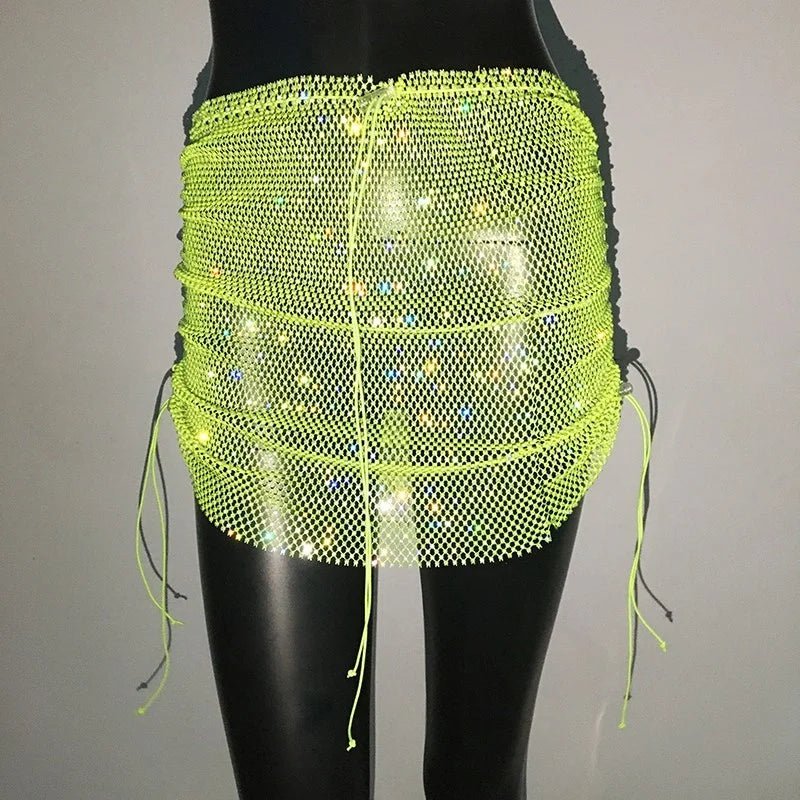 best Shiny Sexy Rhinestone Sequin Fishnet Mini Skirt Festival Drawstring Elastic See Through Diamond Mesh High Elastic Skirt Women shop online at M2K Trends for