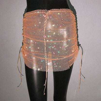 best Shiny Sexy Rhinestone Sequin Fishnet Mini Skirt Festival Drawstring Elastic See Through Diamond Mesh High Elastic Skirt Women shop online at M2K Trends for