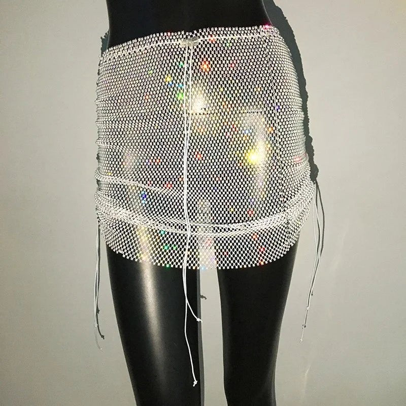 best Shiny Sexy Rhinestone Sequin Fishnet Mini Skirt Festival Drawstring Elastic See Through Diamond Mesh High Elastic Skirt Women shop online at M2K Trends for