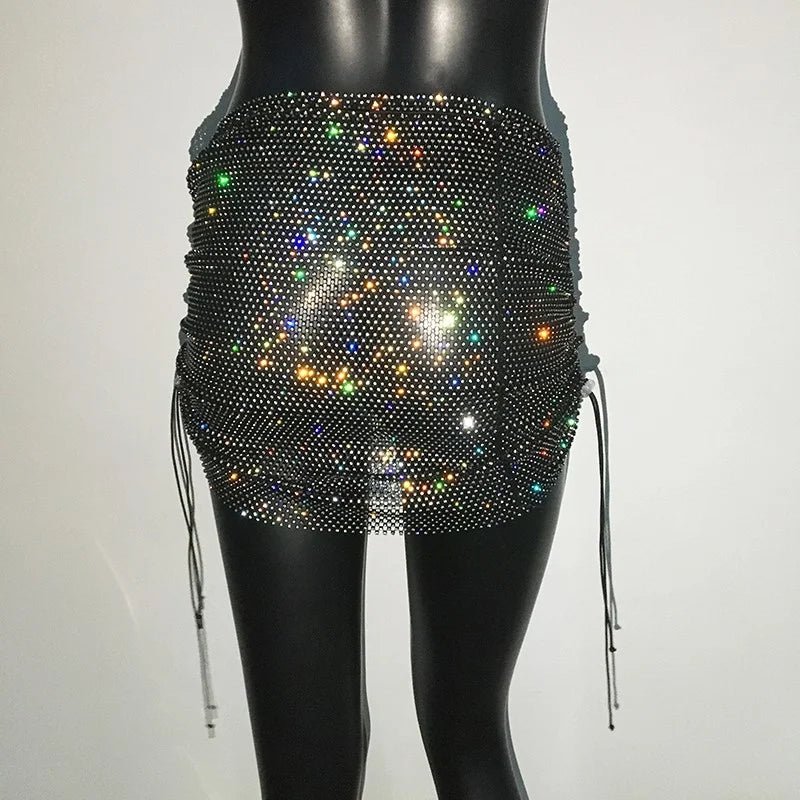 best Shiny Sexy Rhinestone Sequin Fishnet Mini Skirt Festival Drawstring Elastic See Through Diamond Mesh High Elastic Skirt Women shop online at M2K Trends for