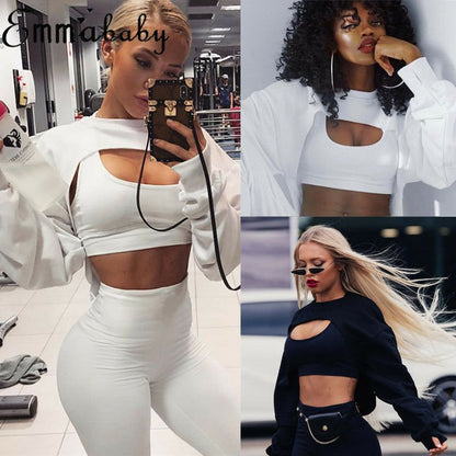 best Short Sweatshirts Women Autumn Long Sleeve Black White Sweatshirt Fashion Crop Top Jacket Jumper Pullover Tops Clubwear Tank Top 0 shop online at M2K Trends for