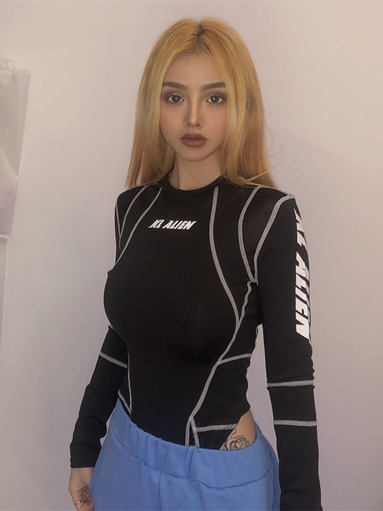 best Sisterlinda Women Turtleneck Bodysuits Mesh Patchwork Letter Print Jumpsuit Fashion Female Workout Street Casual Rompers Mujer 0 shop online at M2K Trends for