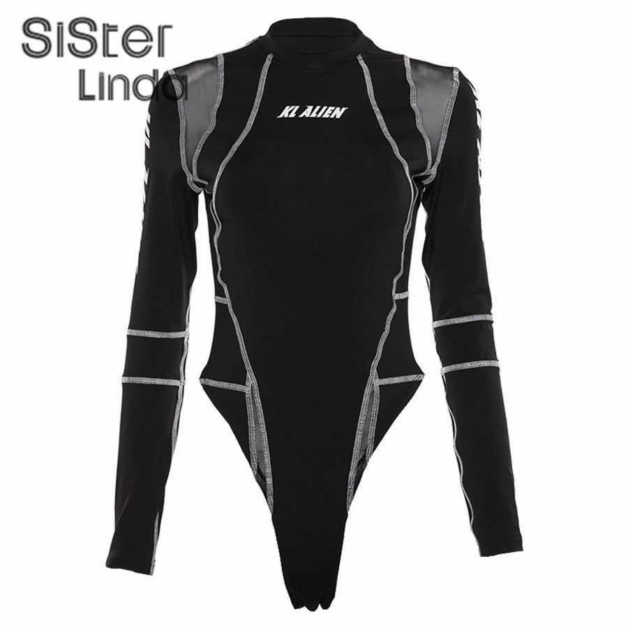 best Sisterlinda Women Turtleneck Bodysuits Mesh Patchwork Letter Print Jumpsuit Fashion Female Workout Street Casual Rompers Mujer 0 shop online at M2K Trends for