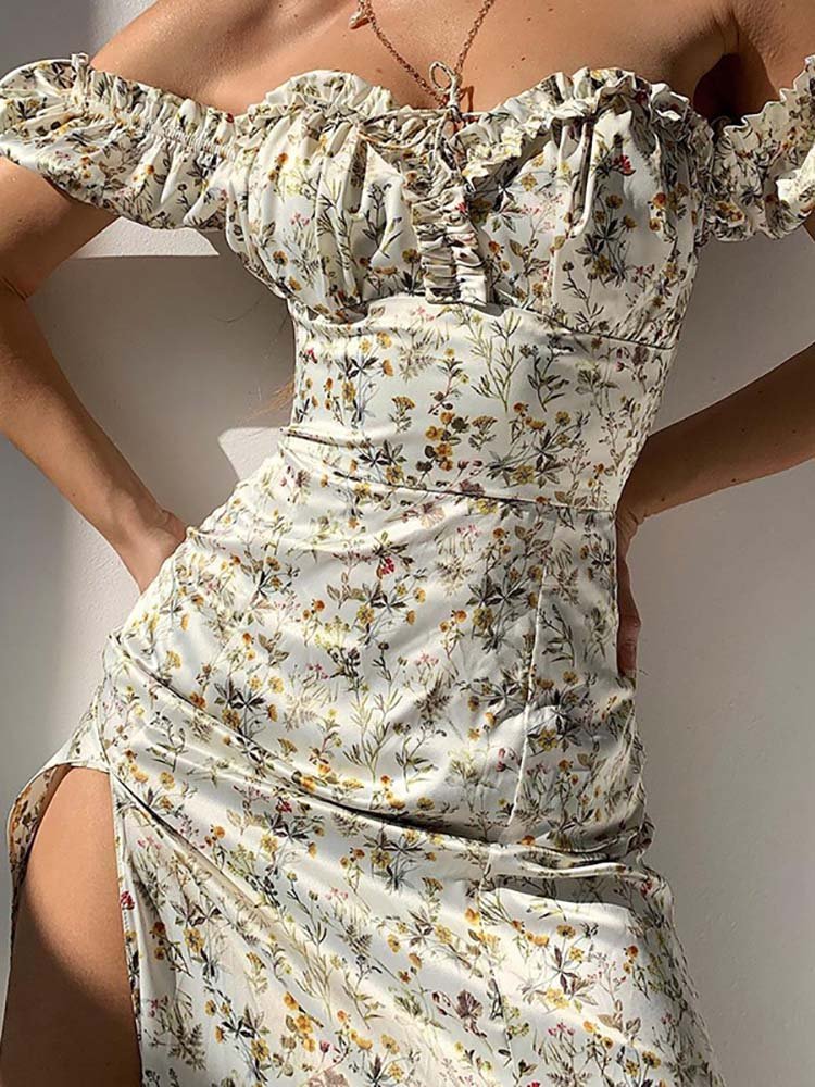 best Slash neck Floral Print Split Beach Dress Women Summer Elegant Ruffles Party Long Dress Vestidos S~3XL 0 shop online at M2K Trends for