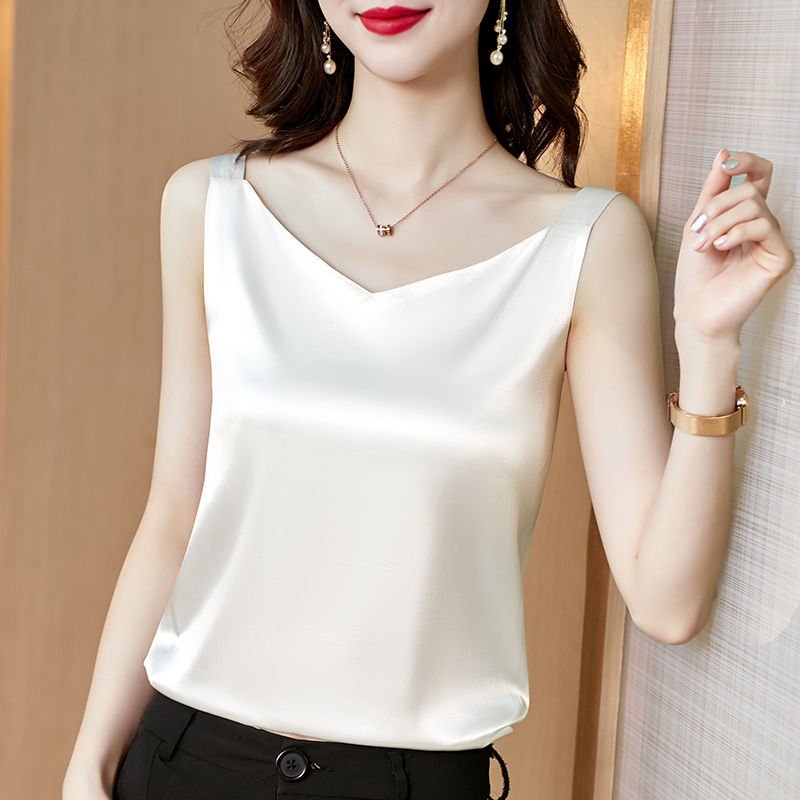 best Sleeveless Faux Satin Silk Tank Tops Women Summer Backless Camisole Spaghetti Strap Top Women Halter V Neck Basic White Cami 0 shop online at M2K Trends for