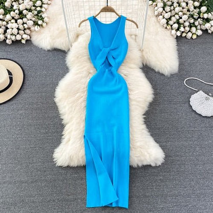 best Sleeveless Hollow Split Wrap Dress Midi Sexy Fashion Elastic Tight Party Elegant Vestidos Chic Beach Vacation Summer Women Dress 0 shop online at M2K Trends for