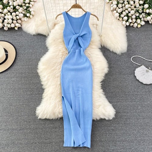 best Sleeveless Hollow Split Wrap Dress Midi Sexy Fashion Elastic Tight Party Elegant Vestidos Chic Beach Vacation Summer Women Dress 0 shop online at M2K Trends for