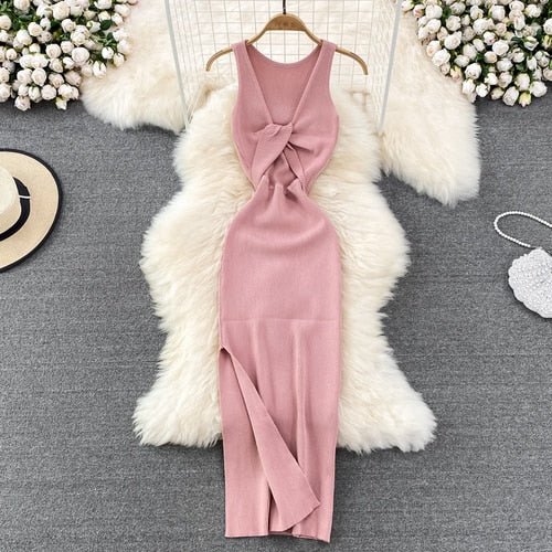 best Sleeveless Hollow Split Wrap Dress Midi Sexy Fashion Elastic Tight Party Elegant Vestidos Chic Beach Vacation Summer Women Dress 0 shop online at M2K Trends for