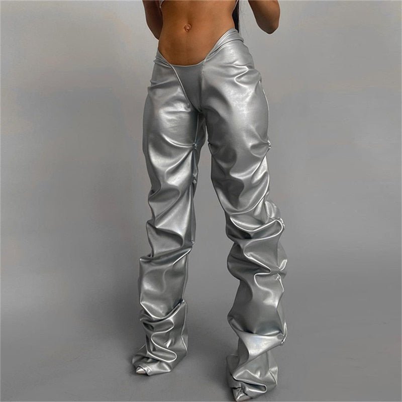 best Solid Faux PU Leather Shiny Women Pants Hipster High Street Irregular Shape Folds Clothing Elastic Waist Female Streetwear 0 shop online at M2K Trends for