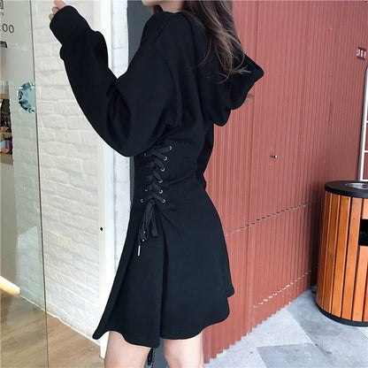 best Spring 2022 Hooded Dress Women Lace Up Waist Slim Black Gothic Dress Female Short Mini Harajuku Streetwear Vestidos 0 shop online at M2K Trends for