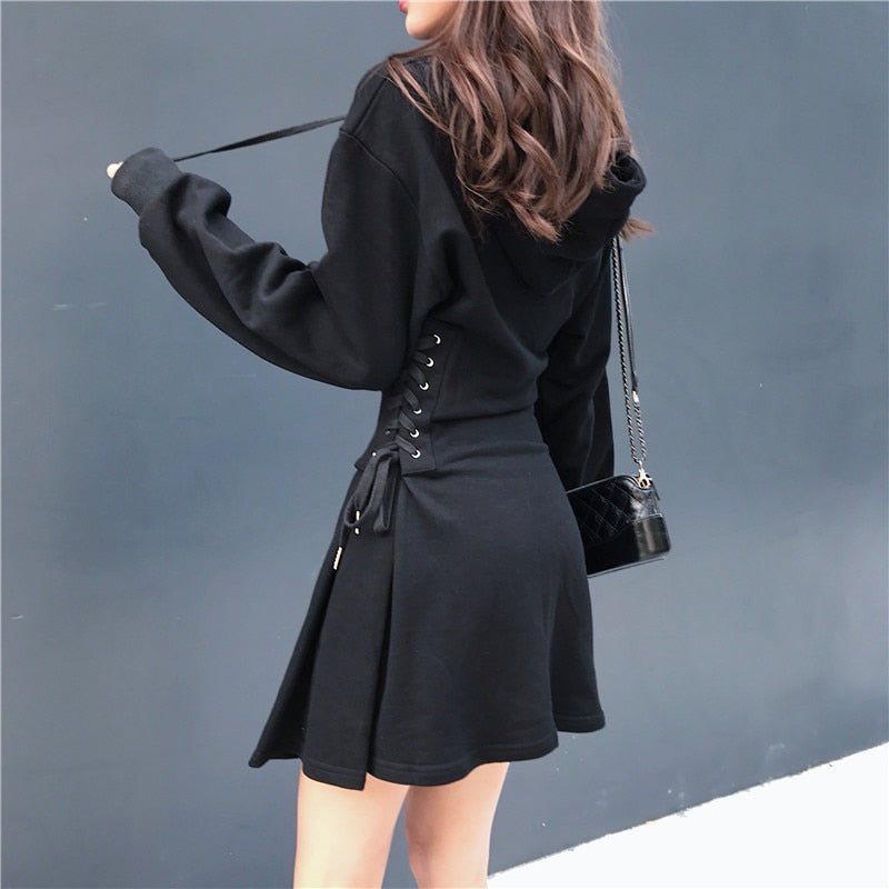 best Spring 2022 Hooded Dress Women Lace Up Waist Slim Black Gothic Dress Female Short Mini Harajuku Streetwear Vestidos 0 shop online at M2K Trends for