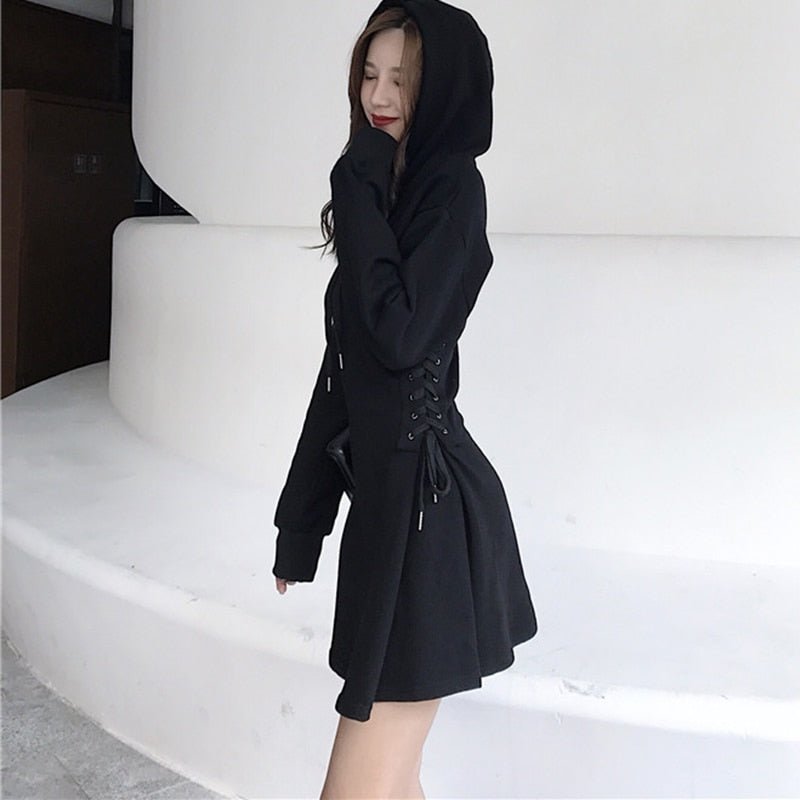 best Spring 2022 Hooded Dress Women Lace Up Waist Slim Black Gothic Dress Female Short Mini Harajuku Streetwear Vestidos 0 shop online at M2K Trends for