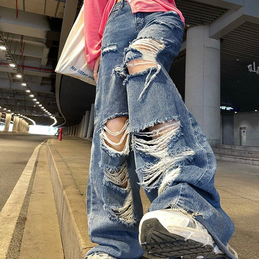 best Spring and Autumn Women's street jeans Ripped jeans High waisted baggy jeans Wide leg jeans Y2K hip hop pants Blue fashion jeans 0 shop online at M2K Trends for