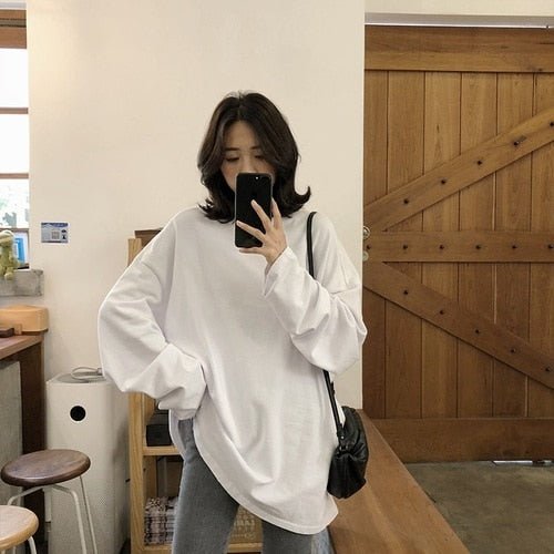 best spring autumn Solid Simple oversized tshirt harajuku long T Shirt Women kawaii T-shirts Women 90s White yellow long Sleeve Tops 0 shop online at M2K Trends for