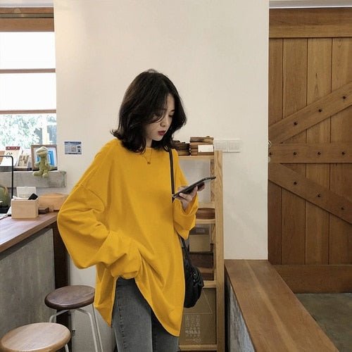 best spring autumn Solid Simple oversized tshirt harajuku long T Shirt Women kawaii T-shirts Women 90s White yellow long Sleeve Tops 0 shop online at M2K Trends for