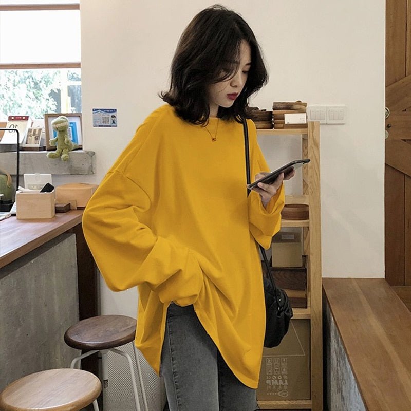 best spring autumn Solid Simple oversized tshirt harajuku long T Shirt Women kawaii T-shirts Women 90s White yellow long Sleeve Tops 0 shop online at M2K Trends for