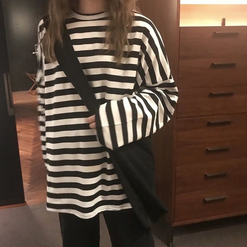 best spring Autumn Women harajuku Striped Tshirt Long Sleeve O-Neck T-Shirts ulzzang Korean Casual oversized T Shirt Femme black Tops 0 shop online at M2K Trends for