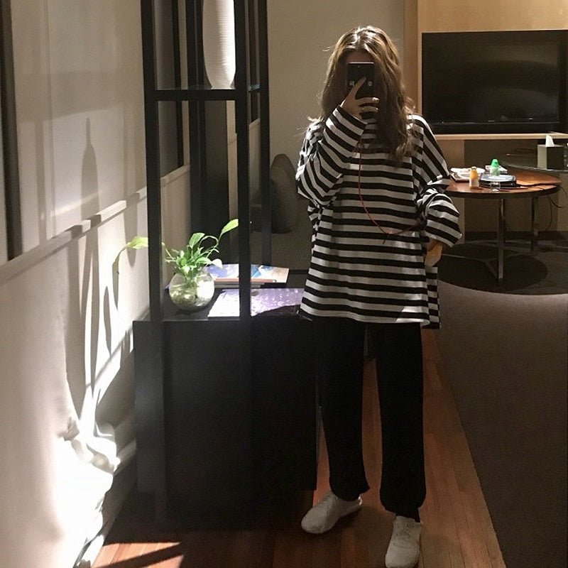 best spring Autumn Women harajuku Striped Tshirt Long Sleeve O-Neck T-Shirts ulzzang Korean Casual oversized T Shirt Femme black Tops 0 shop online at M2K Trends for