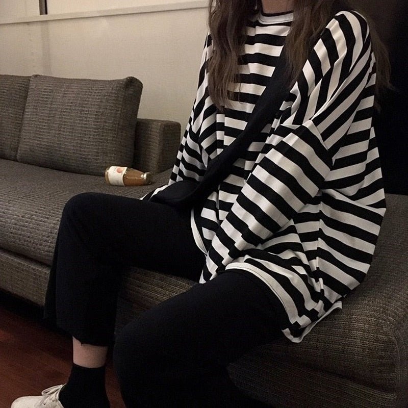 best spring Autumn Women harajuku Striped Tshirt Long Sleeve O-Neck T-Shirts ulzzang Korean Casual oversized T Shirt Femme black Tops 0 shop online at M2K Trends for