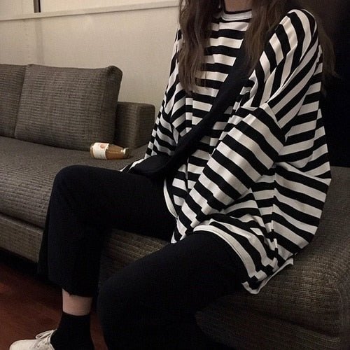 best spring Autumn Women harajuku Striped Tshirt Long Sleeve O-Neck T-Shirts ulzzang Korean Casual oversized T Shirt Femme black Tops 0 shop online at M2K Trends for