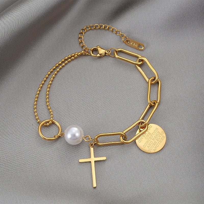 best Stainless Steel Layered Golden Pendant Bracelet For Women Retro Punk Gothic Portrait Coin Cross Pearl Bracelet Jewelry Jewelry & Watches shop online at M2K Trends for Fashion Jewelry