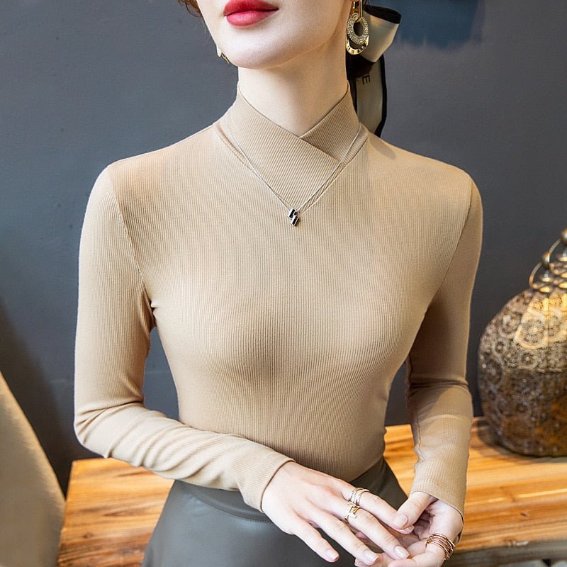 best Stand-up Collar Long-sleeved Stretch T-shirt Women's Fall/winter Fleece Padded Warm Basic Pullover Bottoming Shirt Fashion Top 0 shop online at M2K Trends for