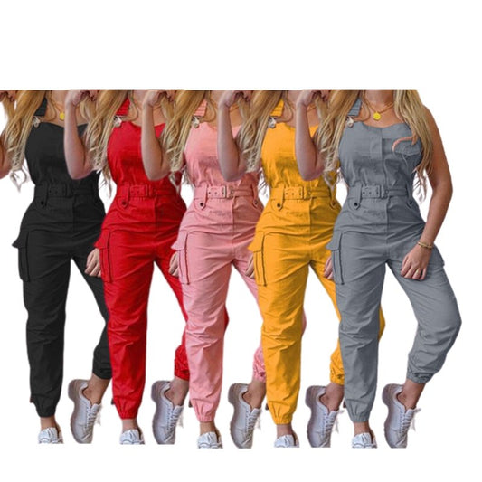 best Strap Jumpsuit Women Loose Dungarees Long Rompers Summer Solid Pockets Cargo Pants Female Casual Work Out Playsuits shop online at M2K Trends for