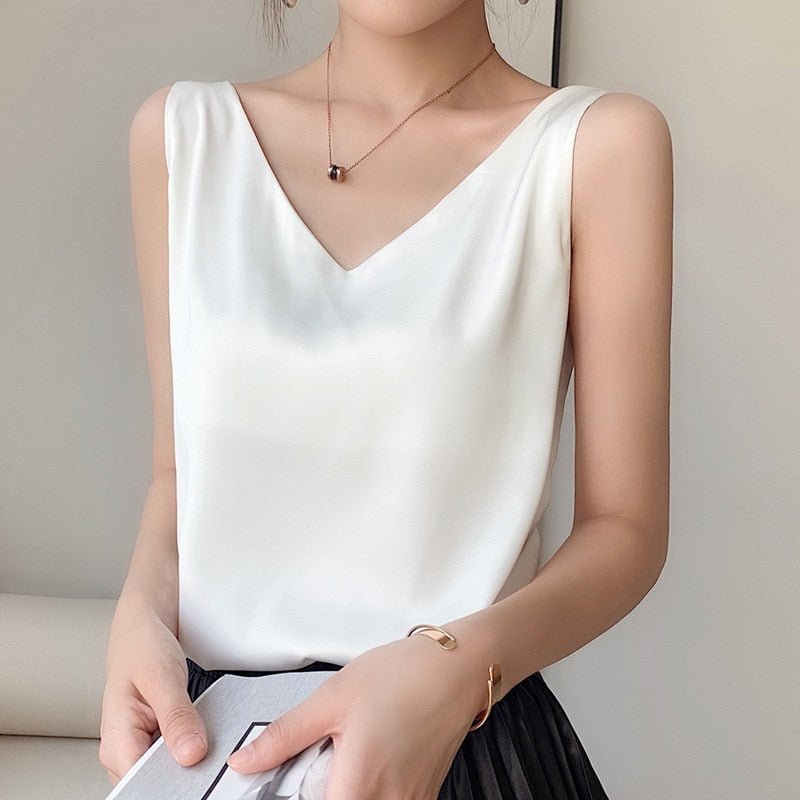 best Strap Top Women Halter V Neck Basic White Cami Sleeveless Satin Silk Tank Tops Women'S Summer Camisole 0 shop online at M2K Trends for