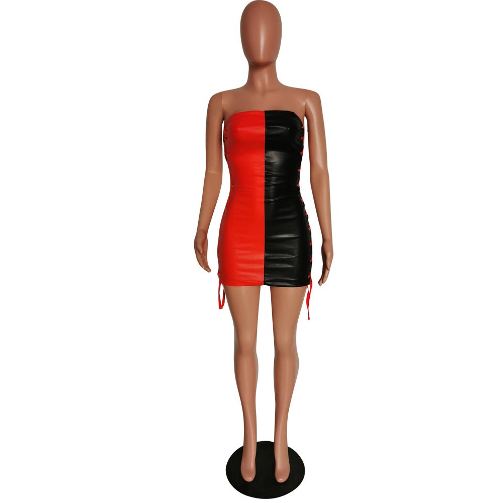 best strapless leather dress women sexy, sleeveless Y2K summer nightclub party sexy red women pu faux leather mini bodycon club dress Dresses shop online at M2K Trends for Women`s dress