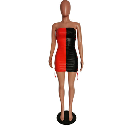 best strapless leather dress women sexy, sleeveless Y2K summer nightclub party sexy red women pu faux leather mini bodycon club dress Dresses shop online at M2K Trends for Women`s dress