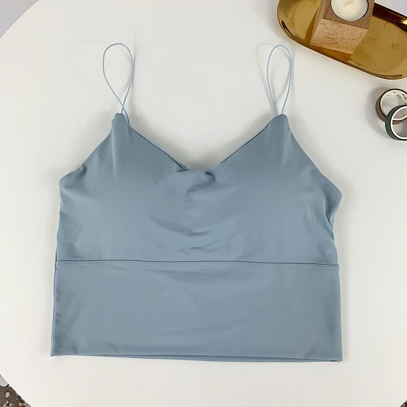 best Summer Bra Ice Silk Crop Tops Sports Spaghetti Strap Vest Top Women Sexy Built In Bra Off Shoulder Sleeveless Camisole Underwear 0 shop online at M2K Trends for