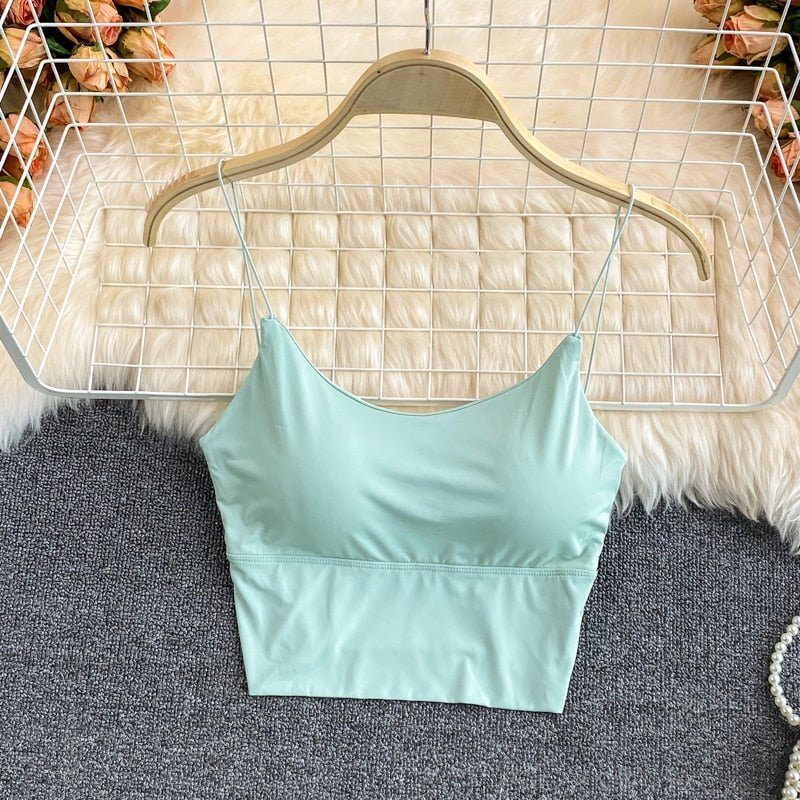 best Summer Bra Ice Silk Crop Tops Sports Spaghetti Strap Vest Top Women Sexy Built In Bra Off Shoulder Sleeveless Camisole Underwear 0 shop online at M2K Trends for