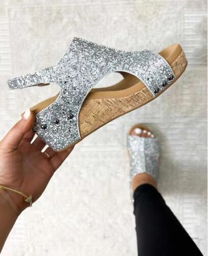 best Summer Chunky Wedges Sandals Fashion Sequins Velcro Shoes Women 4 shop online at M2K Trends for