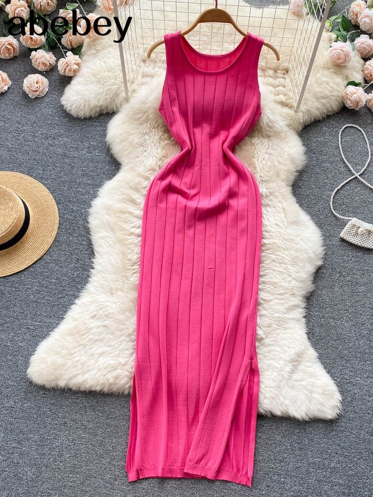 best Summer Knit Sexy Strap Dress Women Tank Elatic Waist Bodycon Sundress Female Beach Split Backless Long Dress 0 shop online at M2K Trends for