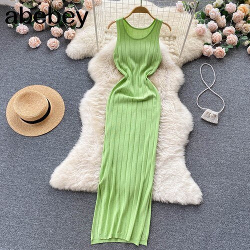 best Summer Knit Sexy Strap Dress Women Tank Elatic Waist Bodycon Sundress Female Beach Split Backless Long Dress 0 shop online at M2K Trends for