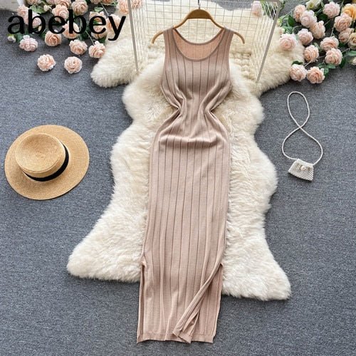 best Summer Knit Sexy Strap Dress Women Tank Elatic Waist Bodycon Sundress Female Beach Split Backless Long Dress 0 shop online at M2K Trends for