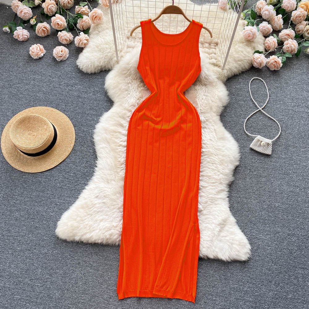 best Summer Knit Sexy Strap Dress Women Tank Elatic Waist Bodycon Sundress Female Beach Split Backless Long Dress 0 shop online at M2K Trends for