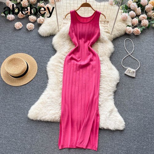 best Summer Knit Sexy Strap Dress Women Tank Elatic Waist Bodycon Sundress Female Beach Split Backless Long Dress 0 shop online at M2K Trends for