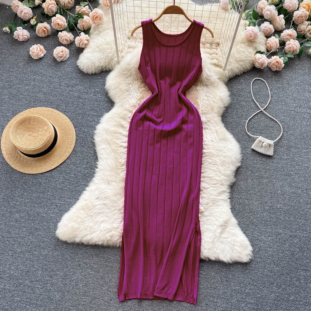 best Summer Knit Sexy Strap Dress Women Tank Elatic Waist Bodycon Sundress Female Beach Split Backless Long Dress 0 shop online at M2K Trends for