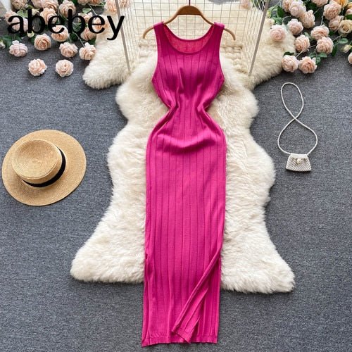best Summer Knit Sexy Strap Dress Women Tank Elatic Waist Bodycon Sundress Female Beach Split Backless Long Dress 0 shop online at M2K Trends for