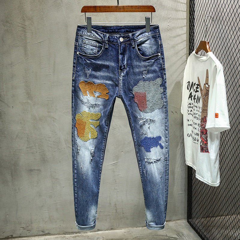 best Summer Men's Self-cultivation Tide Brand Youth Small Feet Print Jeans 0 shop online at M2K Trends for