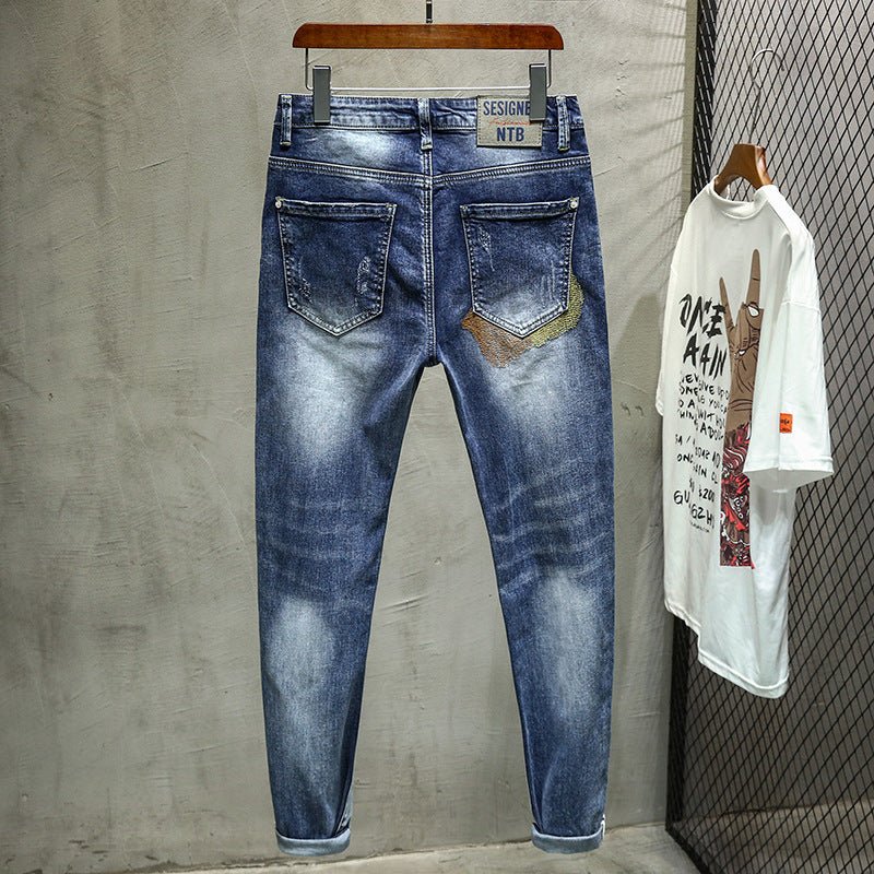 best Summer Men's Self-cultivation Tide Brand Youth Small Feet Print Jeans 0 shop online at M2K Trends for