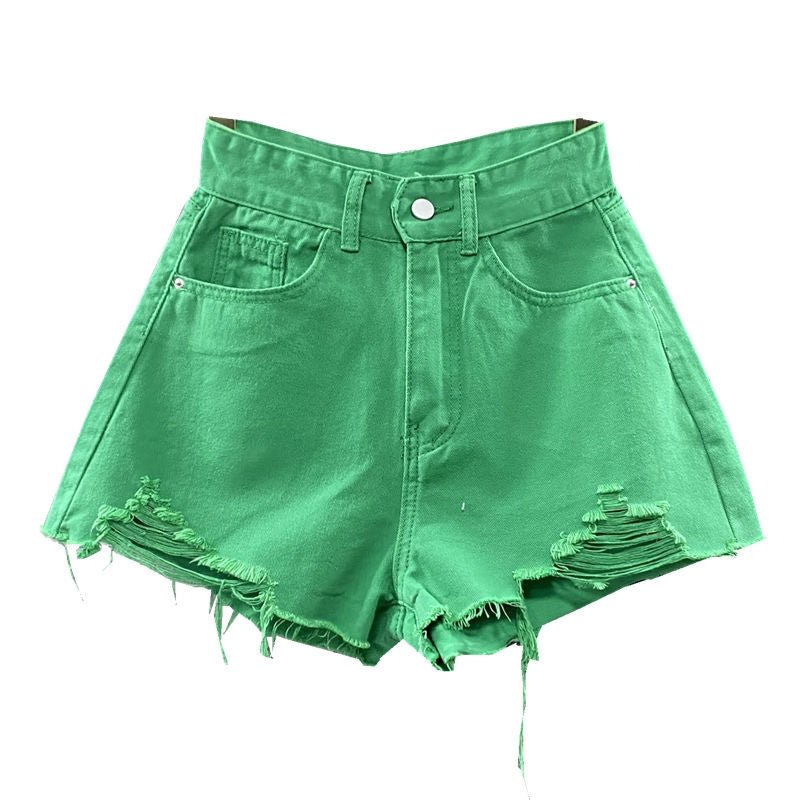 best Summer New Style Korean Wide Leg Pants Candy Color Ripped Denim Shorts Female High Waist Green A-line Hot Shorts Pants 0 shop online at M2K Trends for