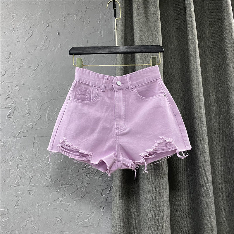 best Summer New Style Korean Wide Leg Pants Candy Color Ripped Denim Shorts Female High Waist Green A-line Hot Shorts Pants 0 shop online at M2K Trends for