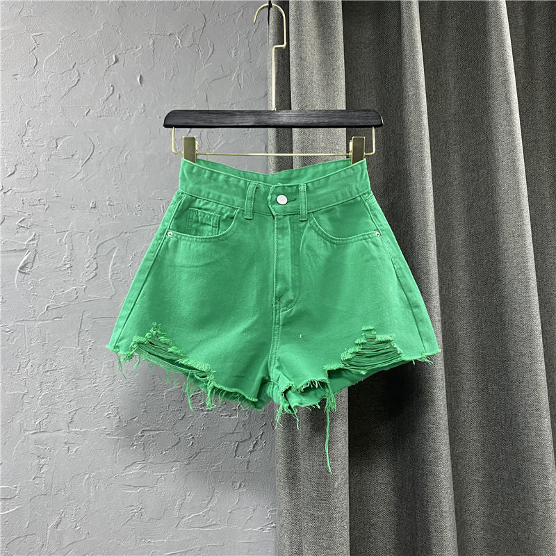 best Summer New Style Korean Wide Leg Pants Candy Color Ripped Denim Shorts Female High Waist Green A-line Hot Shorts Pants 0 shop online at M2K Trends for