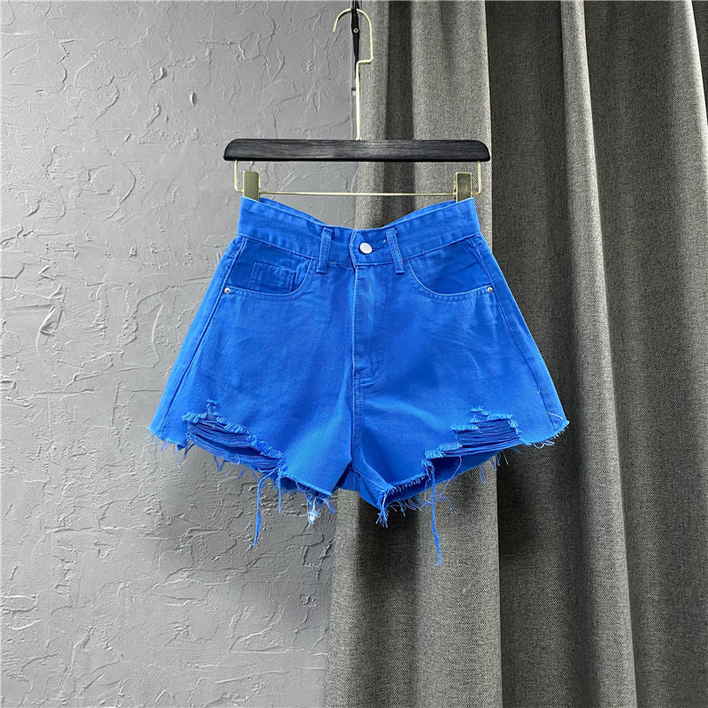 best Summer New Style Korean Wide Leg Pants Candy Color Ripped Denim Shorts Female High Waist Green A-line Hot Shorts Pants 0 shop online at M2K Trends for